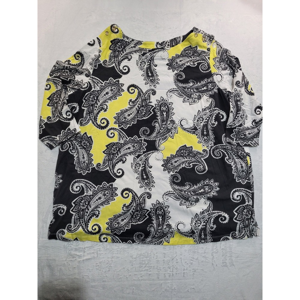 Charter Club Paisley Top Women XL Black Yellow Boat Neck 3/4 Sleeve Button